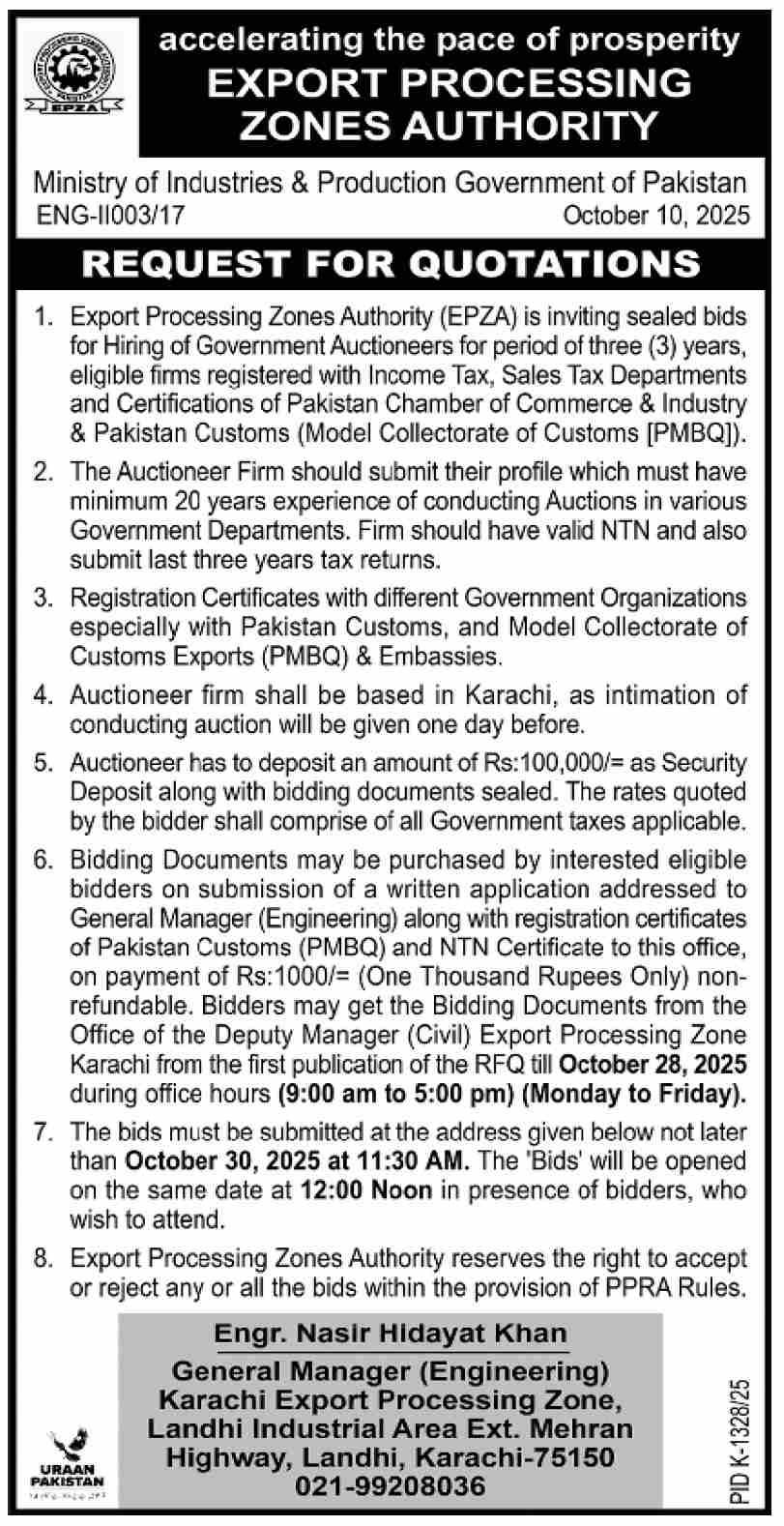 Karachi Export Processing Zone Karachi Tender Notice